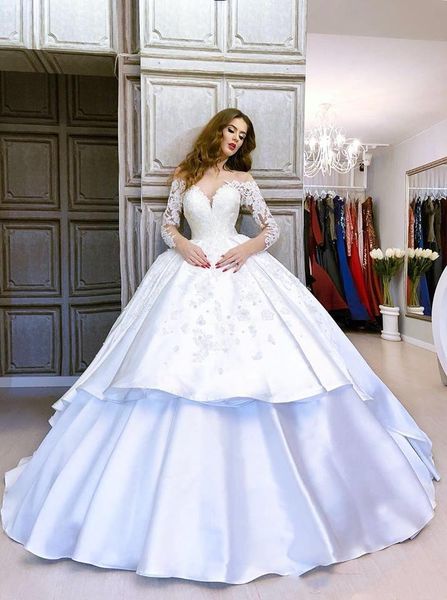 

wedding party dresses for women white a-line satin ball gown long sleeve plus size wedding dress china bridal gowns