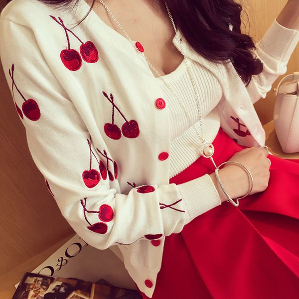 

cherry embroidered o-neck knitted shirt cardigan women's short coat slim small shawl summer thin sweater spring and autumn, White