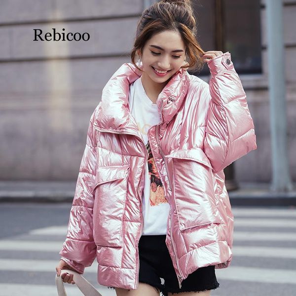 

2019 glossy winter down cotton padded jacket for women thick bright black pink short shiny jacket blue silver cotton parkas