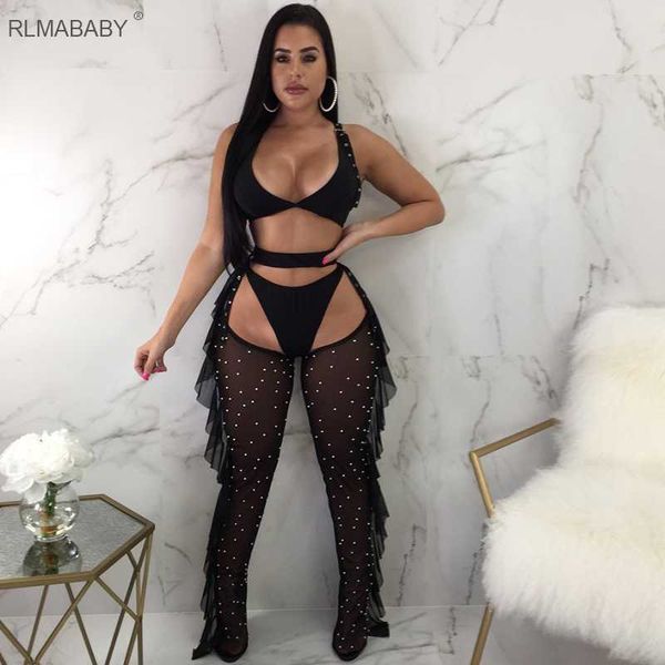 

rlmababy three piece set long jumpsuit ruffles beading overalls jumpsuit v neck sleeveless backless rompers womens, Black;white