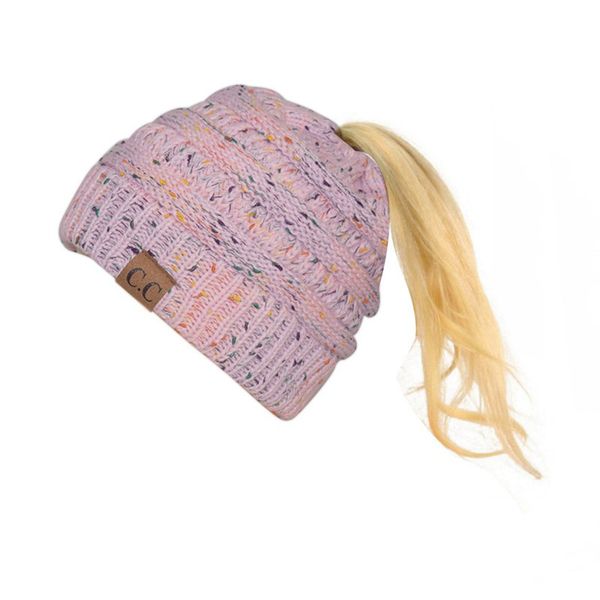 

women's girls stretch knitted wool crochet hats messy horsetails holes beanie caps warm cuff caps winter warm skully, Blue;gray