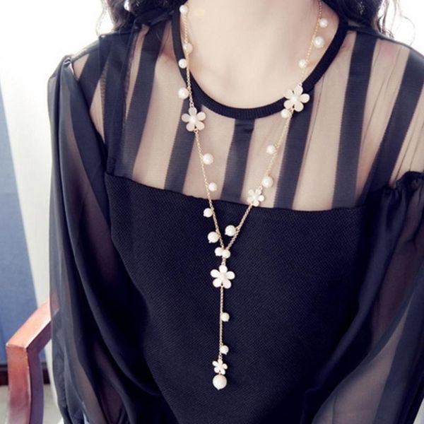 

new style women simulated pearl five petal crystal flower choker new bib statement long necklace, Golden;silver