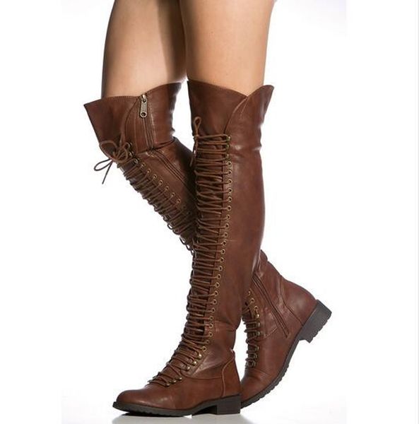 

women winter new fashion lace-up leather over knee flat boots brown black zipper-up long knight boots warm boots
