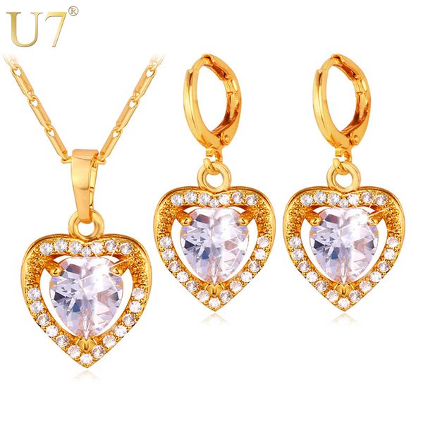 

u7 cubic zirconia love heart jewelry set silver/gold color crystal earrings pendant necklace set women gift wedding/party s724