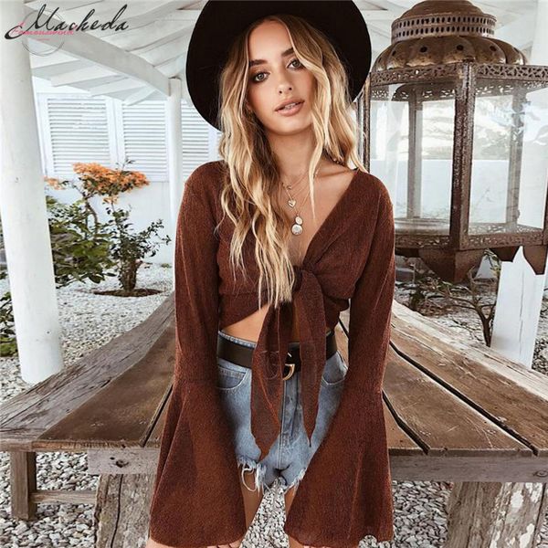 

women fashion deep v neck bandage flare long sleeve lady crop t shirt summer casual women clothing, White