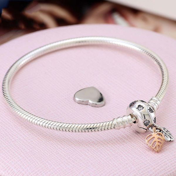 

new 925 sterling silver bracelet rose gold moments leaves clasp snake chain bracelet bangle fit bead charm diy europe jewelry, Black