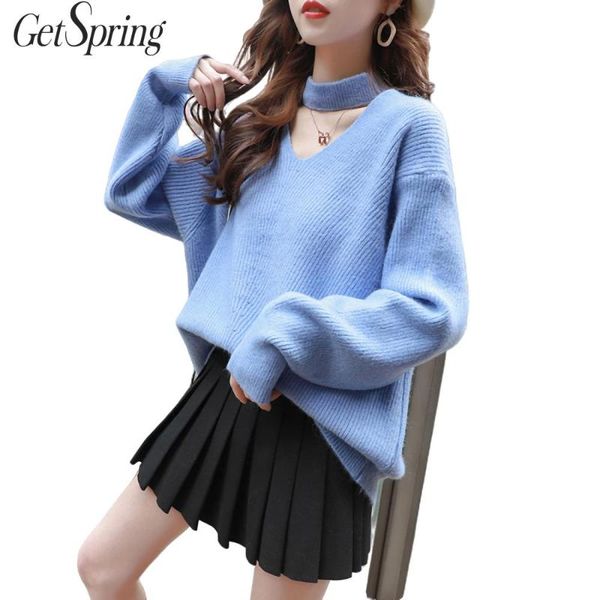 

getspring women sweater v-neck pullovers sweaters pink blue apricot casual all match mohair knit sweaters winter clothes women, White;black