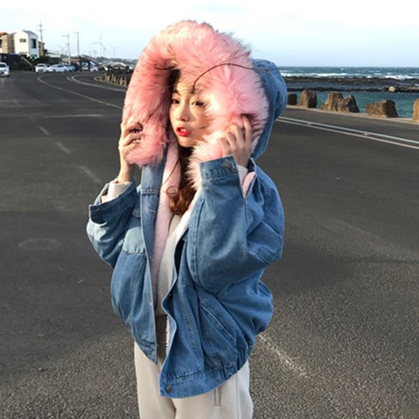 

denim plus velvet loose hooded jacket female new winter korea ins harajuku vintage chic lamb hair fashion casual women jacket, Black;brown