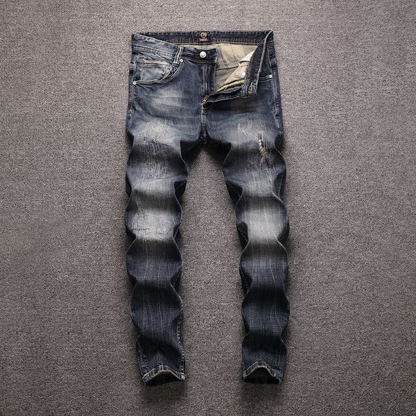 

fashion streetwear men jeans retro blue wash slim fit ripped jeans men denim hip hop pants vintage designer classical