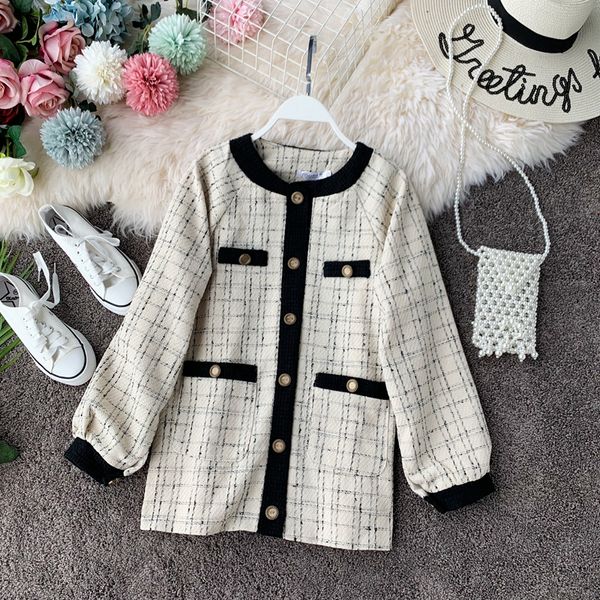 

2019 new fashion women's jacket coat contrast tweed plaid coat female korean temperament, Black;brown