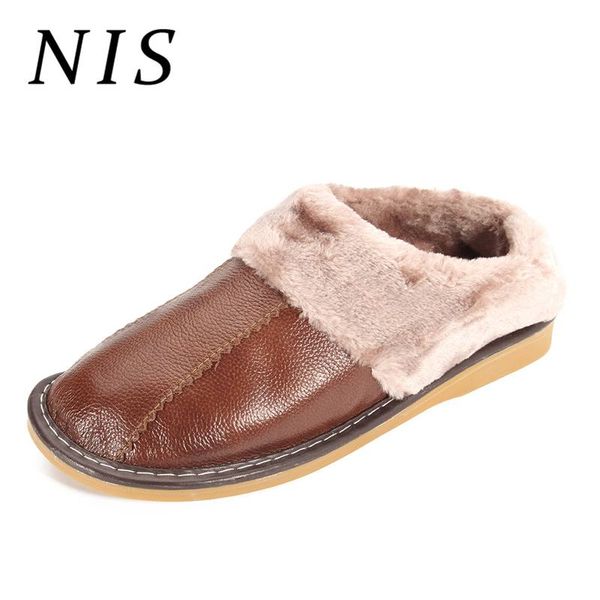 

nis waterproof non-slip warm plush winter slippers soft fuzzy cow leather house slippers fleece lined home floor shoes men new, Black