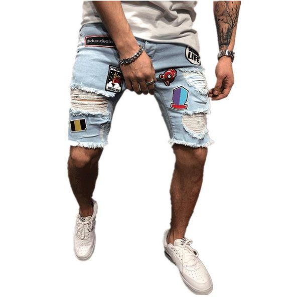 

mens stylist denim shorts fashion summer zipper hole short mens slim pants hip hop mens short jeans blue