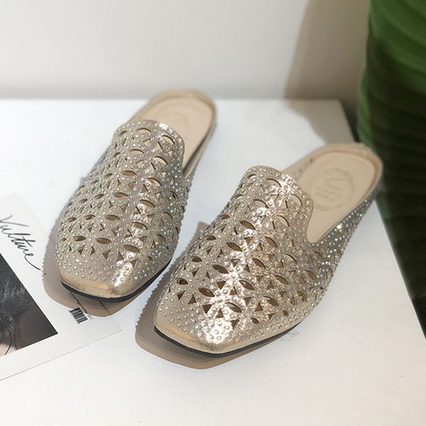 

square toe hollow black gold mules femme crystal rhinestones slippers women summer leather shoes fashion casual flat shoes women