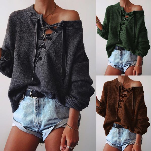 

loozykit 2019 womens v-neck sweater pullover long sleeve straps oversized loose sweatshirts, White;black