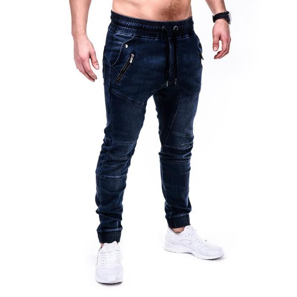 

fashion denim jeans men stretch casual elastic waist denim straight jeans trousers ripped homme taille elastique#g2, Blue