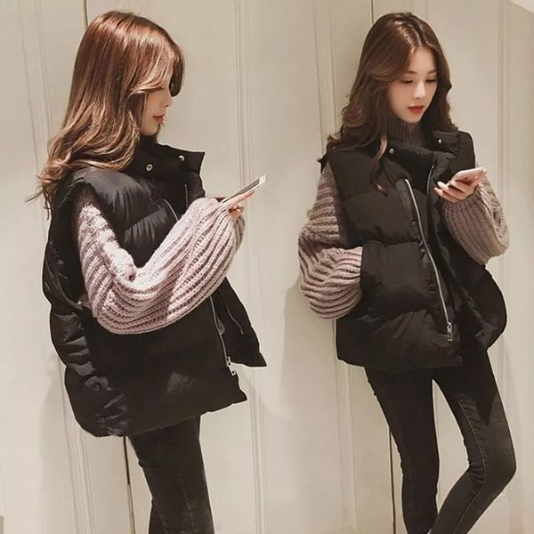 

2019 women's cotton vest winter short casual solid color down cotton student korean version plus velvet vest, Black;white