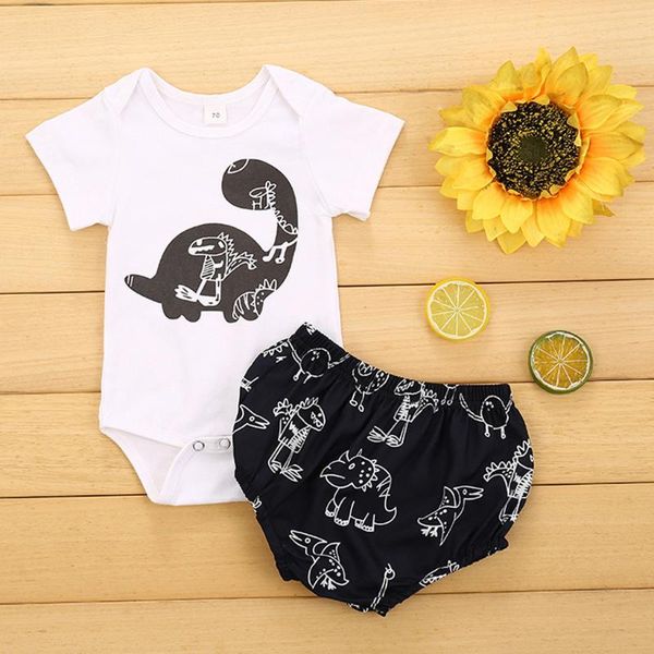 

baby clothes newborn baby boys short sleeve dinosaur print romper shorts outfits set, White