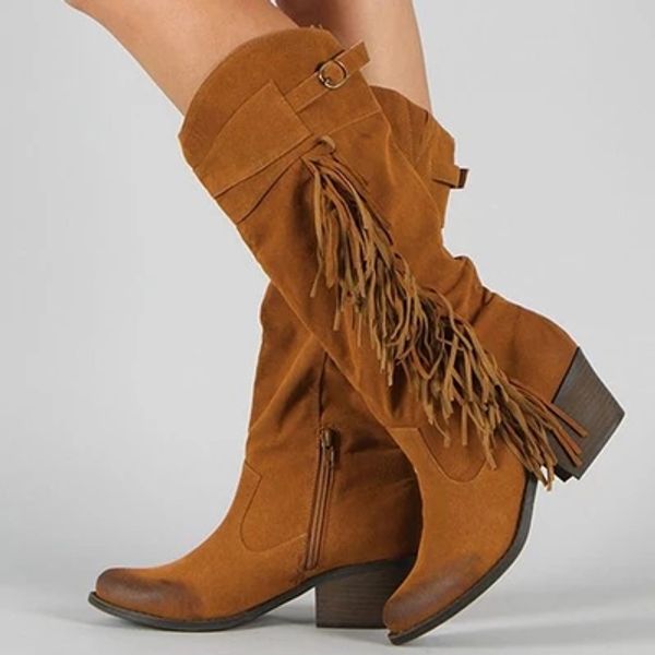 

women's long boots fashion tassel female suede shoes classic pu leather boots mid-calf low heel zipper casual winter, Black