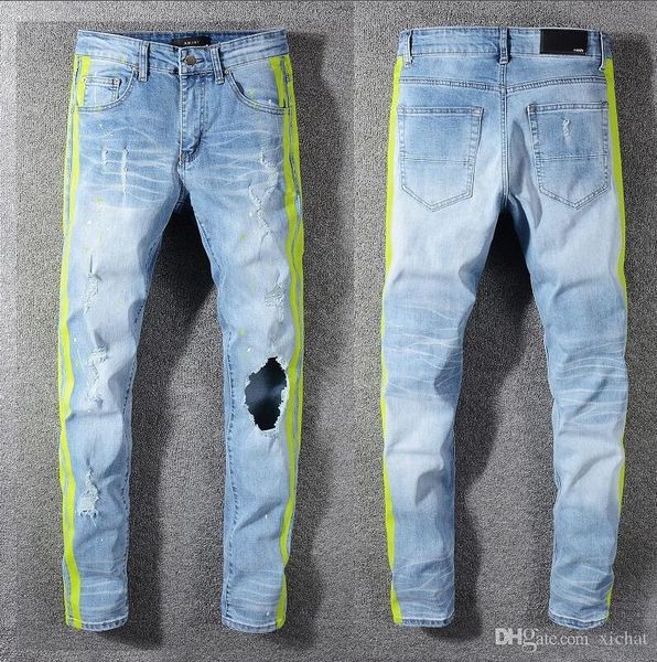 

mens hole side stripe blue skinny jeans fashion designer slim fit motorcycle biker beggar hip hop denim pants 593