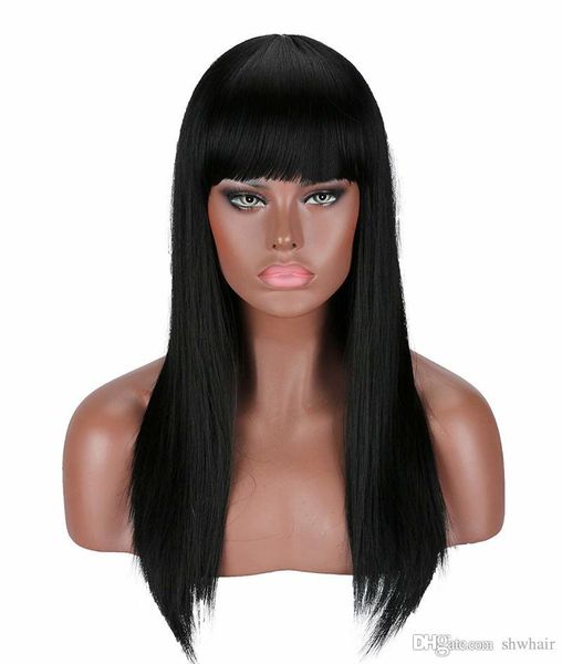 Synthetic Wig With Bangs Light Yaki Straight Long Black Heat