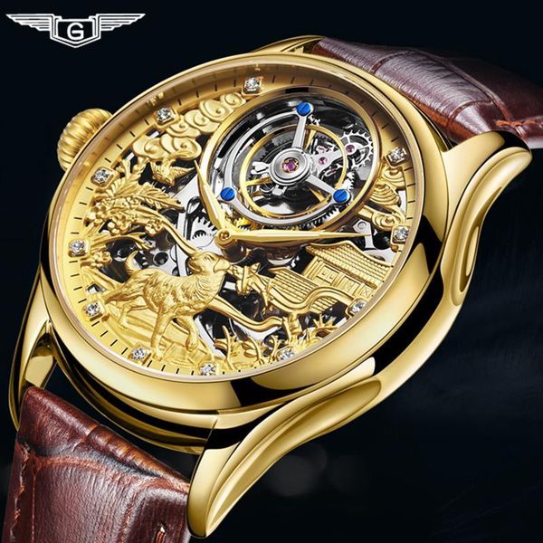 

real tourbillon guanqin 2019 clock sapphire watch mechanical hand wind style clock men watch brand luxury relogio masculino, Slivery;brown