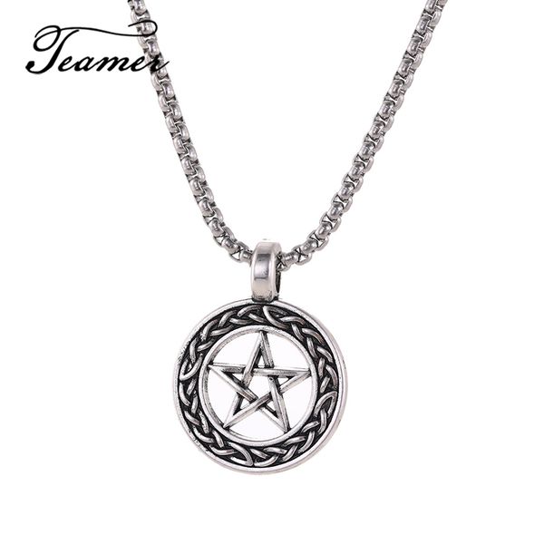 

teamer stainless steel chain vintage antique silver pentagram circle celtics knot pendant necklace men amulet wicca jewelry