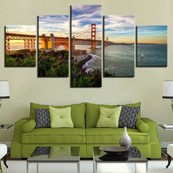 

modular posters wall art canvas hd prints pictures home decor living room room 5 pieces golden gate bridge paintings framework