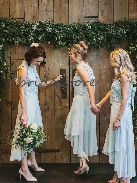 

short light blue bridesmaid dresses high low lace prom dresses ankle length chiffon maid of honor dresses 2020 junior robes de soirée, White;pink