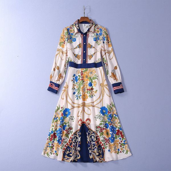 

new european and american women's dresses for spring 2020 long sleeve lapel flower fringe print fashionable dress, Black;gray