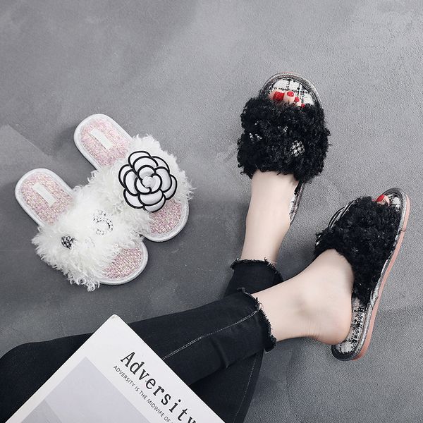 

lovely women house slippers women winter warm shoes woman slip on flats slides female 2020 fashion slippers flower, Black