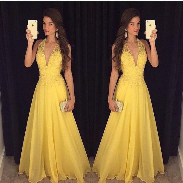 

желтый без рукавов холтер a-line длинные вечерние платья глубокий v-образный вырез кружева сексуальные банкетные платья выпускного вечера ве, Black;red