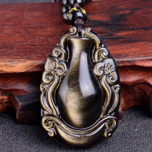 

natural black gold obsidian vase pendant necklace for men women peace bottle pendants with beads chain lovers fashion jewelry, Silver