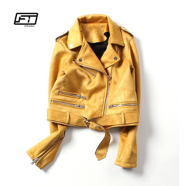 

fitaylor new spring faux suede jacket women biker coat basic street outwear short motorcycle black pink yellow leather jacket