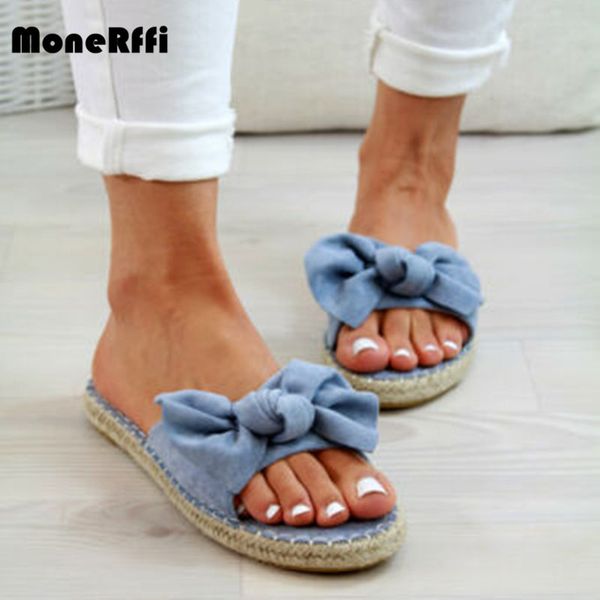 

monerffi summer women slippers slip on sandals bow flat mule summer shoes sizes 2019 new fashion, Black