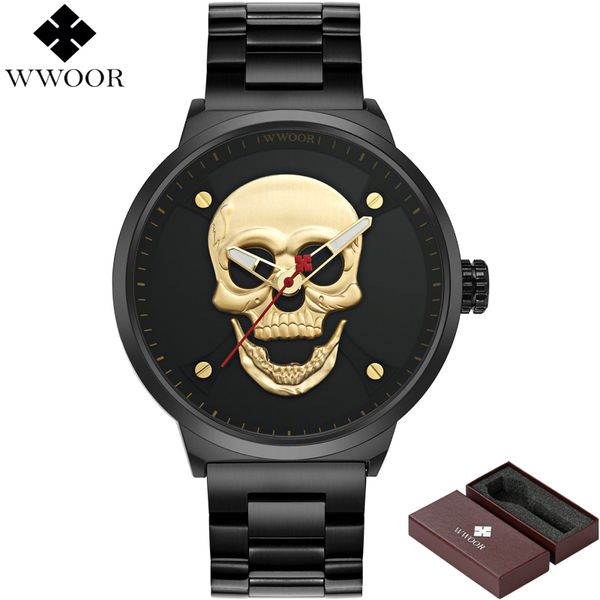 

relogio masculino wwoor business men's watch cool punk gold skull man watch waterproof quartz male clock black steel wristwatch, Slivery;brown