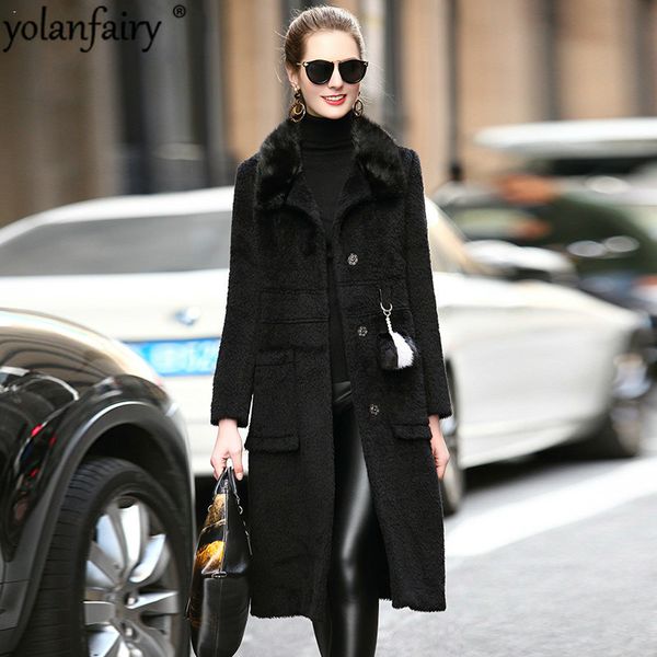 

women's fur & faux real coat collar 52% cashmere 33% wool jacket autumn winter women clothes 2021 korean vintage v17e2729, Black
