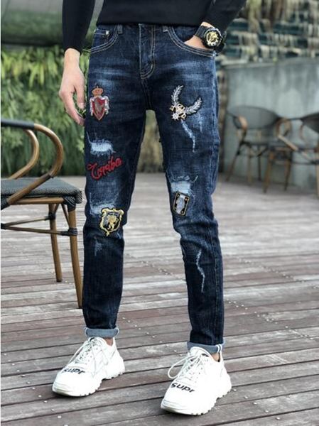 

men's europe and the united states and south korea version of the new personality slim hole embroidery cowboy small trousers / 667788 2, Blue