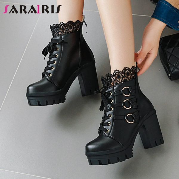 

sarairis ankle boots women vintage chunky high heels platform shoes woman metal lace round motorcycle boots big size 33-43, Black