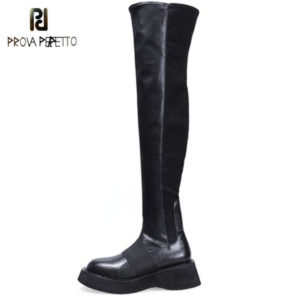 

prova perfetto woman over knee boots genuine leather women shoes warm winter platform high boots thick bottom women botas mujer, Black