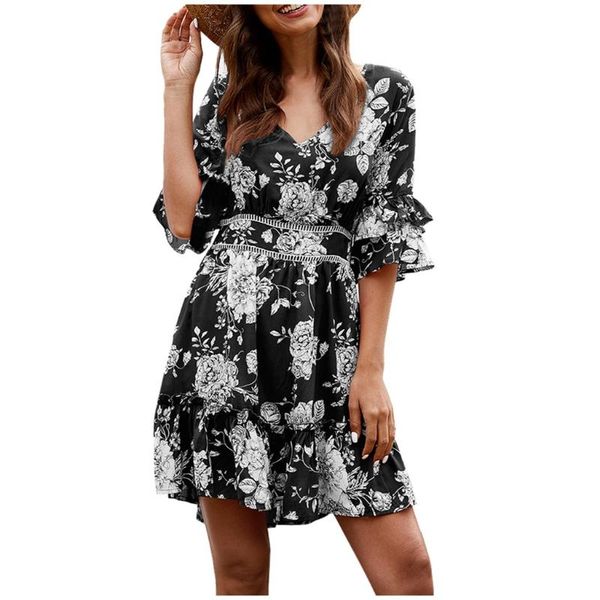 

женские летние платья boho мода 2020 цветочный принт сращивание отпуск мини платье лето повседневная с коротким рукавом платье vestidos, Black;gray