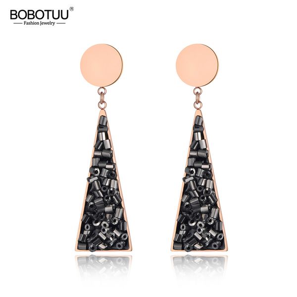 

bobotuu new stainless steel geometric triangle earrings jewelry rose gold black shining crystal women dangle earrings be19112, Silver