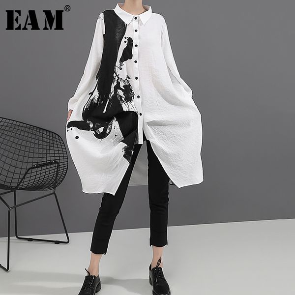 

eam] women black white print big size oversize dress new lapel long sleeve loose fit fashion tide spring autumn 2020 1a923, Black;gray