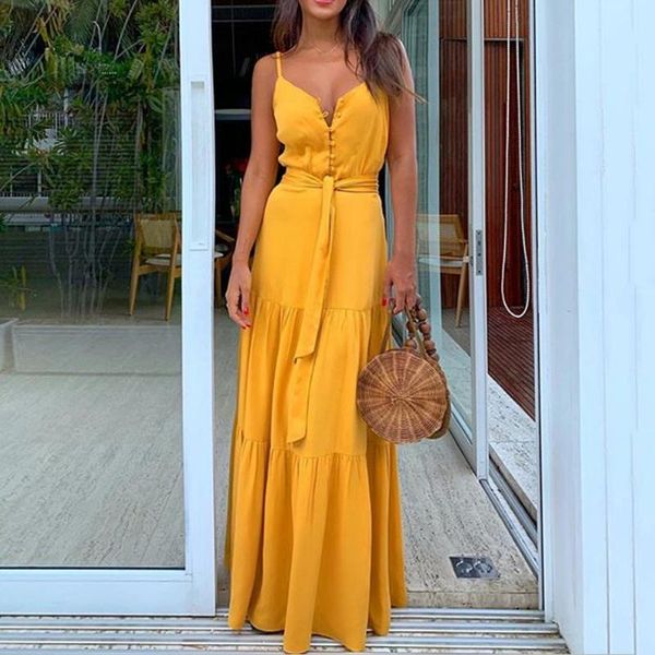 

monerffi sleeveless dresses women fashion v-neck botton stitching spaghetti strap dress summer casual party long dresses, Black;gray