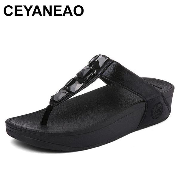 

ceyaneao women's slippers summer t-shaped rhinestones fashionable wedge sandal slippers simple thick-soled monophonic beach shoe, Black