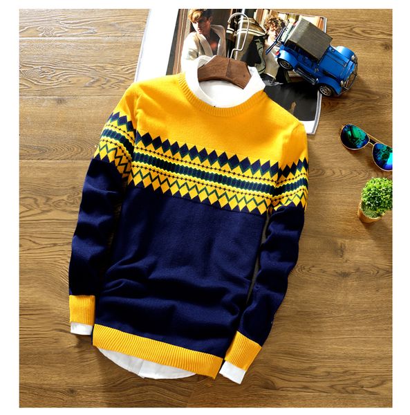 

men fashion style autumn winter warm print patchwork knitted quality jersey men casual sweater 4 colors, White;black