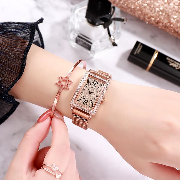 

2020 newwomen watches stars dial diamond square quartz wristwatch mesh belt waterproof fashion gifts, Slivery;brown