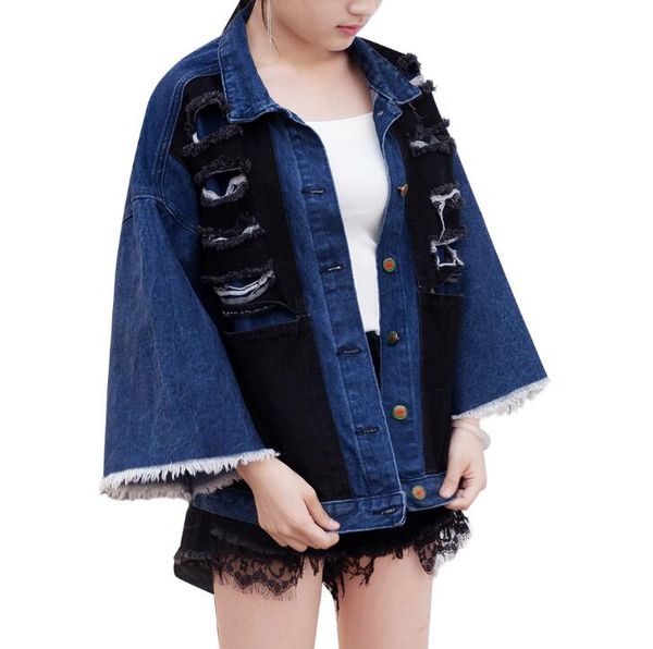 

2019 new women patchwork denim ripped jacket 0611-016, Black;brown