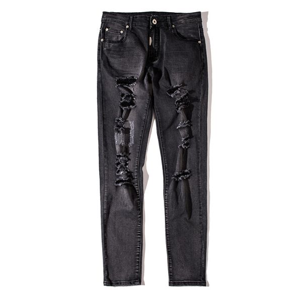 

ripped hole mens jeans mid width pencil pants black washed jeans, Blue