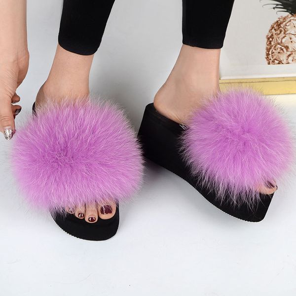 

2019 new fur lady sandals casual increase one word dragging hair slippers spring and summer non-slip wedges platform shoes, Black