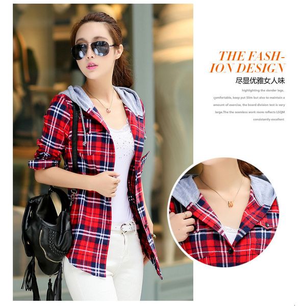 

womens clothing blouse woman new 2019 spring fashion plaid hooded shirts shirt long sleeve women blouses shirt cotton british style, White